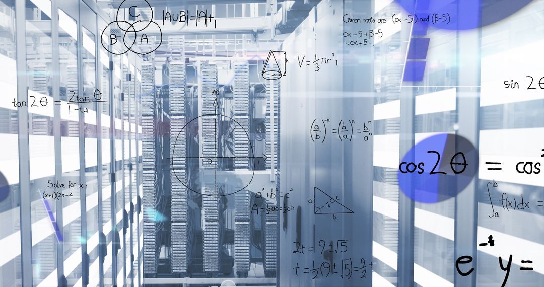 Mathematical Equations Superimposed on Modern Data Center