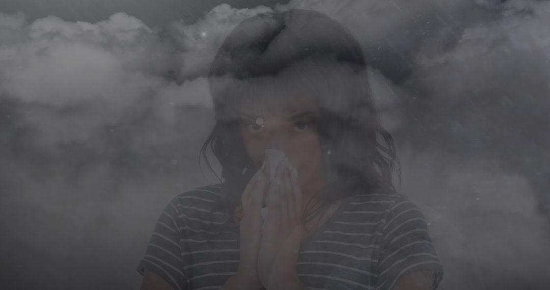 Woman Sneezing with Storm in Background, Expressing Cold and Flu Season