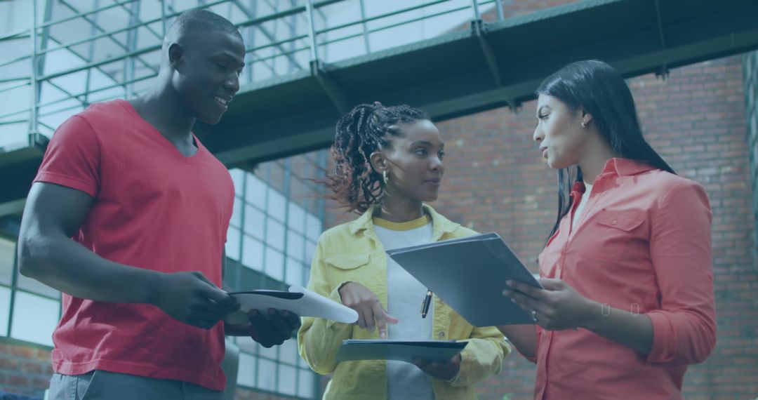 Diverse Team Discussing Project Outdoors