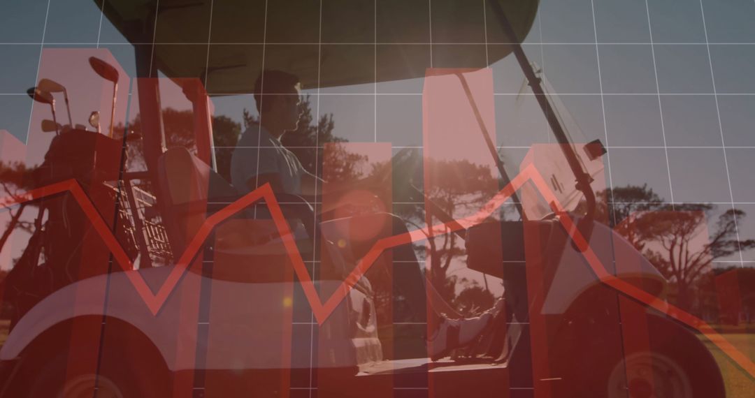 Golfer Relaxing in Cart with Financial Analytics Overlay