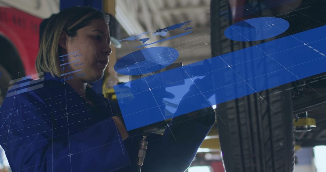 Female Mechanic Working with Futuristic Data Interface