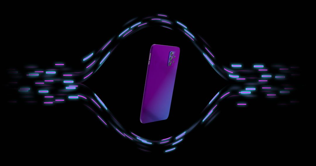 Purple Smartphone Floating Amidst Digital Light Trails