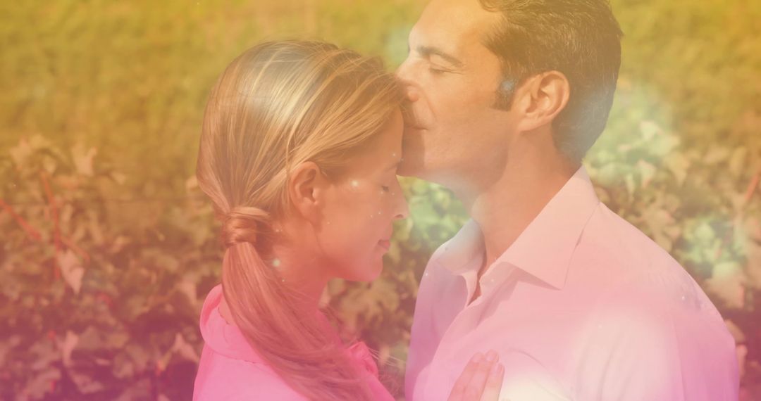Romantic Couple Kissing Forehead Amidst Sunlit Vineyard