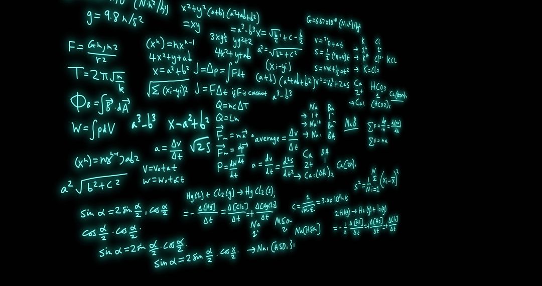 Glowing Mathematical Formulae on Black Background Visualizing Complex Calculations