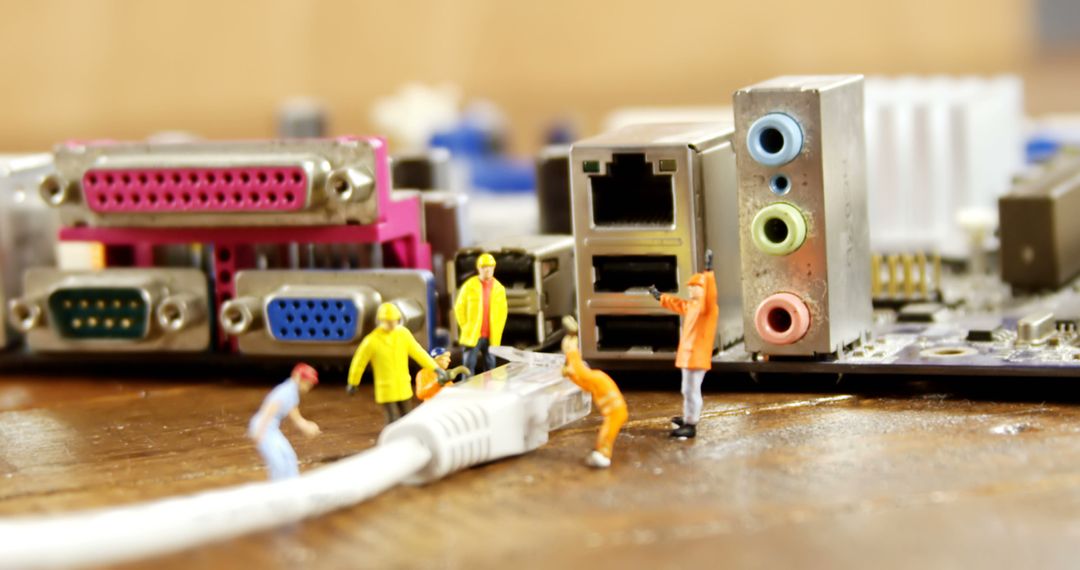 Miniature Workers Repairing a Computer Motherboard with Cables - Free Images, Stock Photos and Pictures on Pikwizard.com