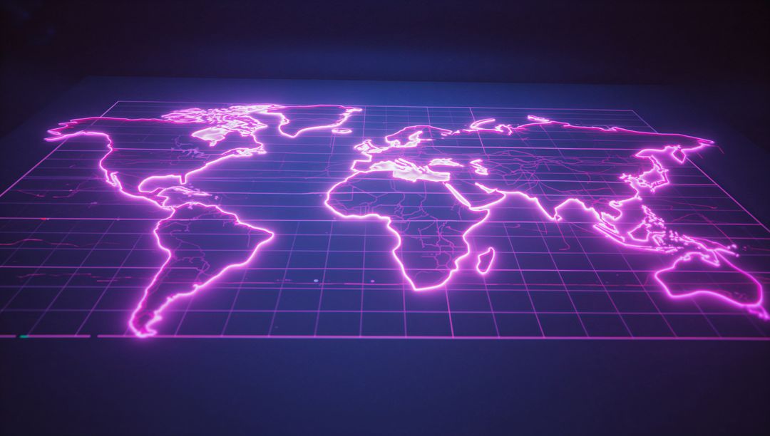 Neon Digital World Map Visualization With Tech Grids