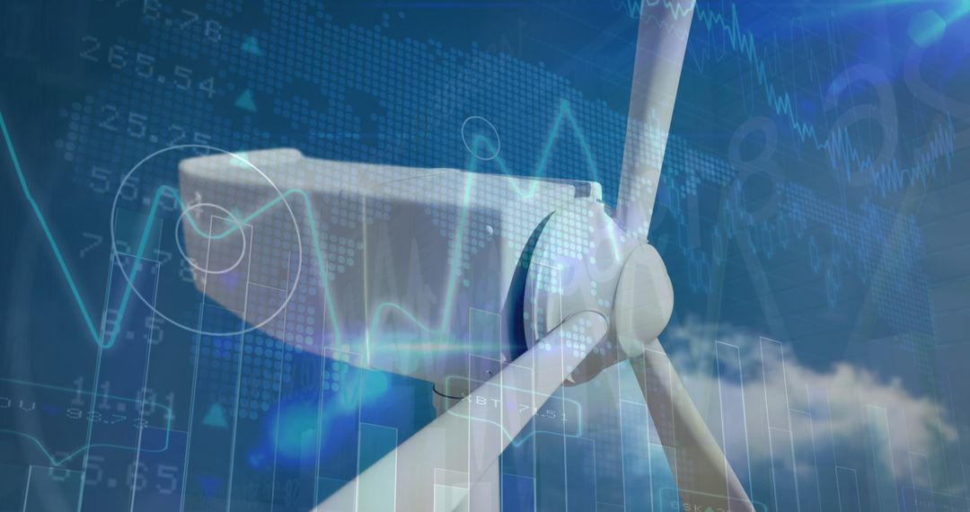 Wind Turbine with Financial Data Overlay Showing Green Energy Growth