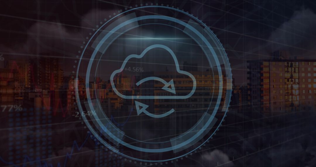 Digital Cloud Interface Overlaying Urban Cityscape