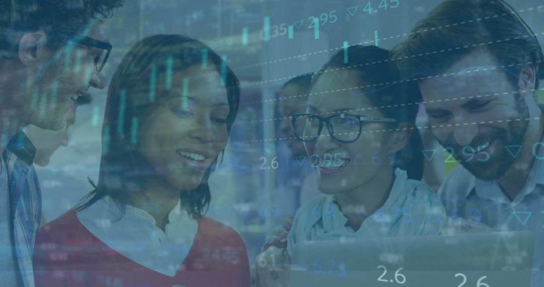 Diverse Team Analyzing Stock Market Data on Laptop Graph Overlay