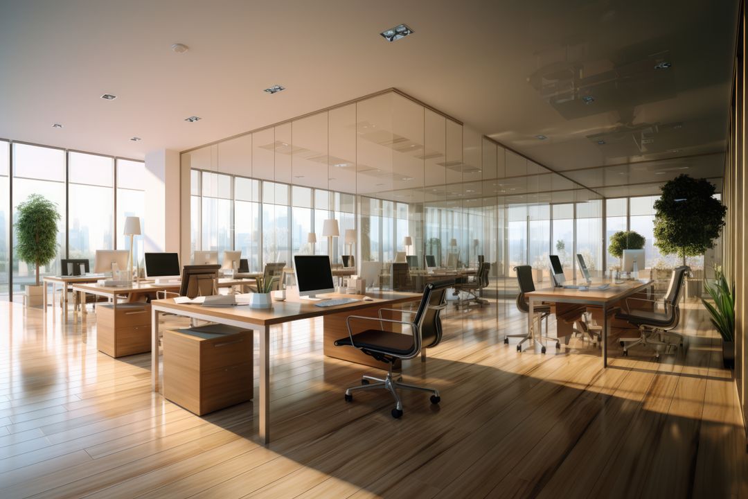 Modern Open Plan Office with Glass Walls and Wooden Flooring - Free Images, Stock Photos and Pictures on Pikwizard.com