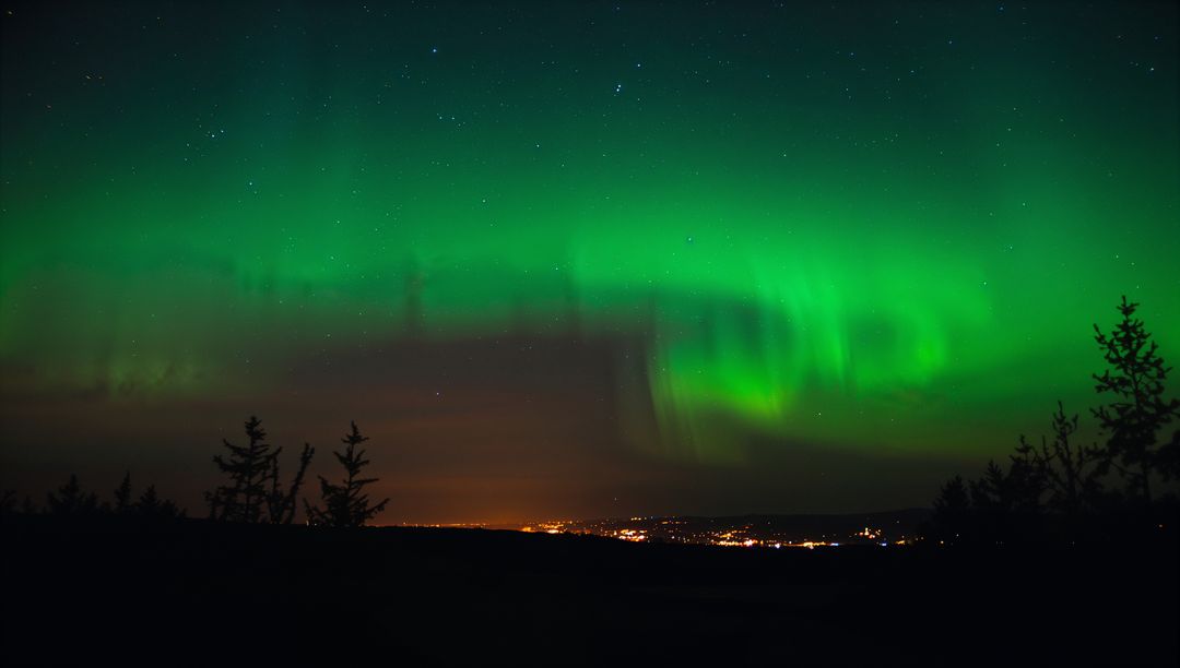 Vibrant Green Aurora Borealis Dancing Above Silhouetted Pines with Distant Town Lights