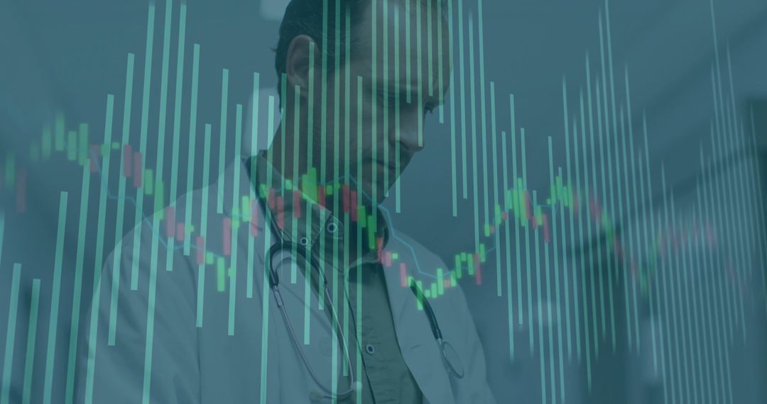 Doctor Analyzing Data with Overlay of Stock Market Chart