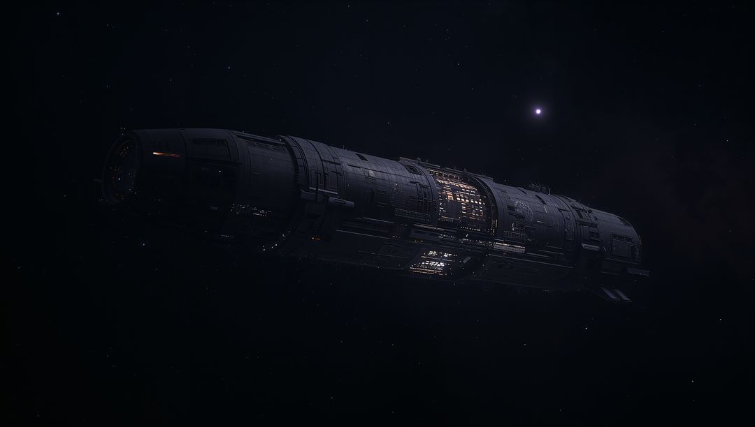 Drifting Modular Cylinder Spaceship Floating in Deep Space with Lit Bays and Starfield