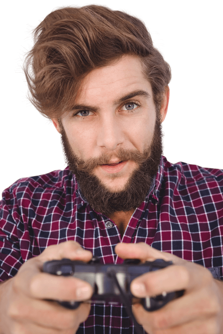 Bearded Young Man Engaging in Video Gaming Experience Transparent Background