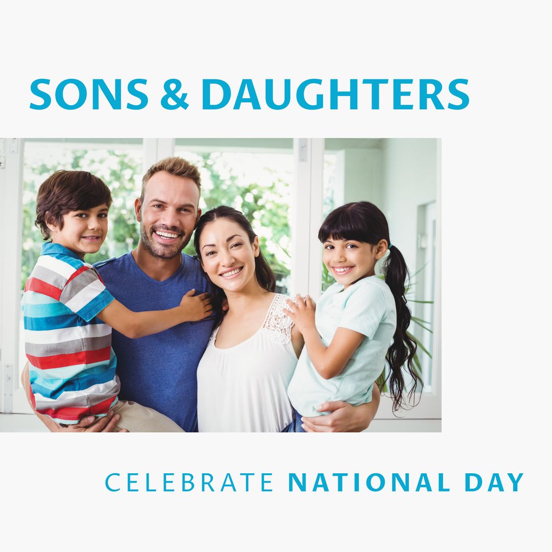 Smiling Family Embracing Children on National Day Celebration