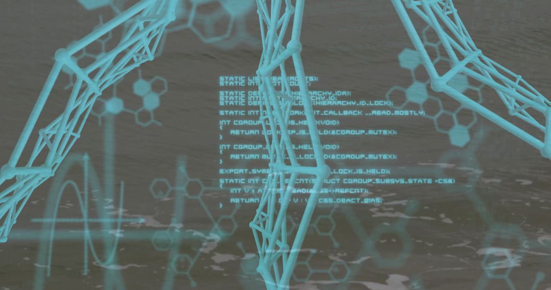 Futuristic Wireframe Structure Emerging from Water with Digital Overlay