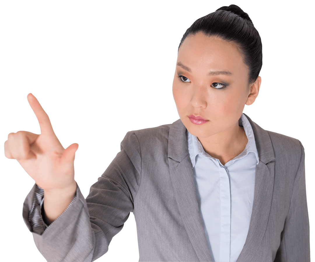 Asian Businesswoman Engaging with Invisible Virtual Interface