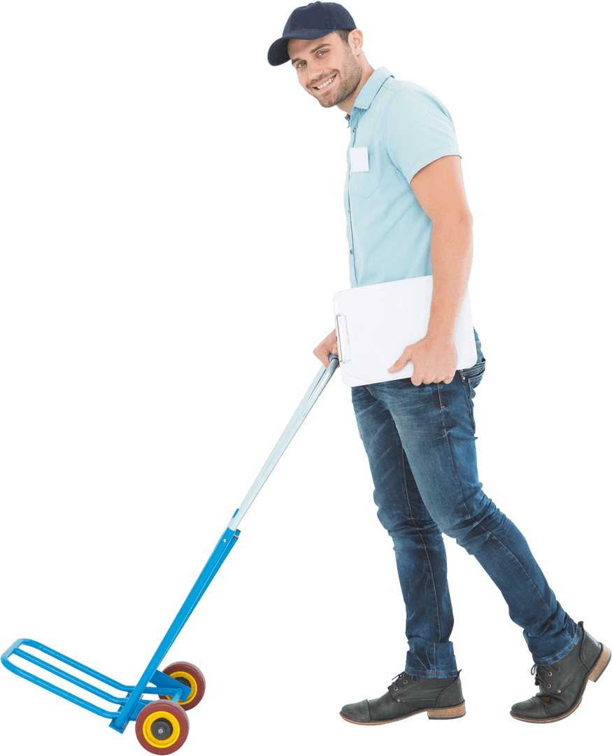 Transparent Delivery Man with Empty Trolley Smiling