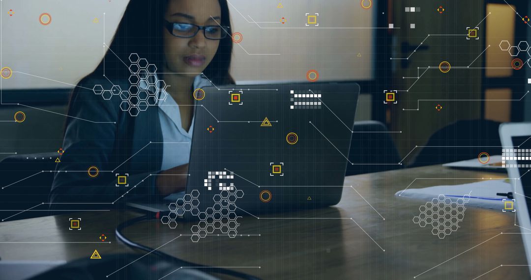 Businesswoman Typing on Laptop with Digital Network Overlays