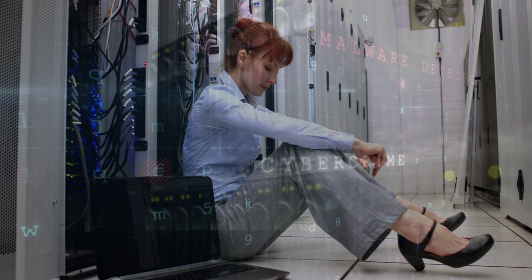 Distressed Woman in Server Room Amid Cybercrime Concerns