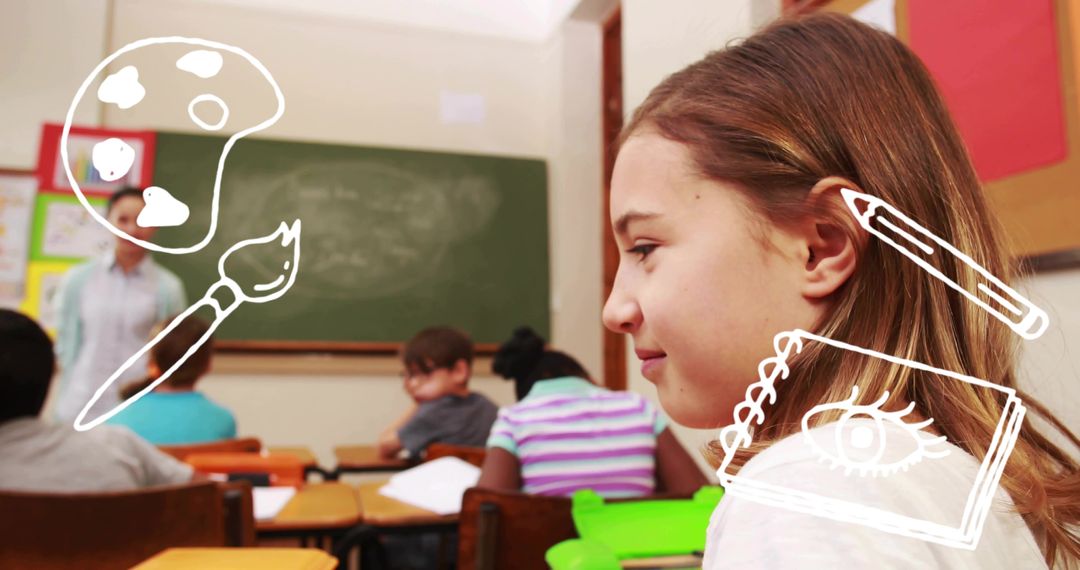 Attentive schoolgirl listening in classroom with green folder and creative doodles