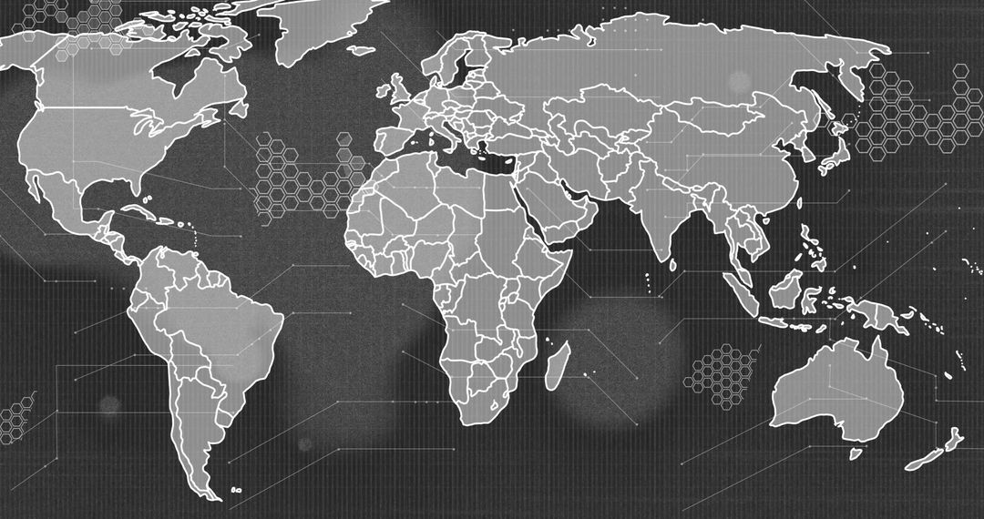 Digital World Map on Black Background with Geometric Designs