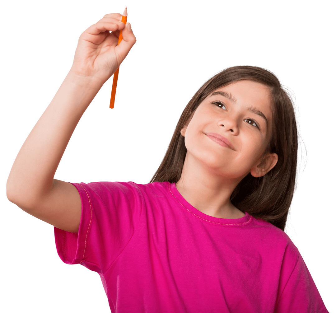 Young Girl Writing with Pencil and Placeholder on Transparent Background