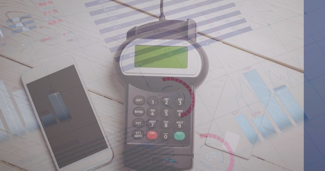 Digital Finance: Payment Terminal and Smartphone with Financial Graphs