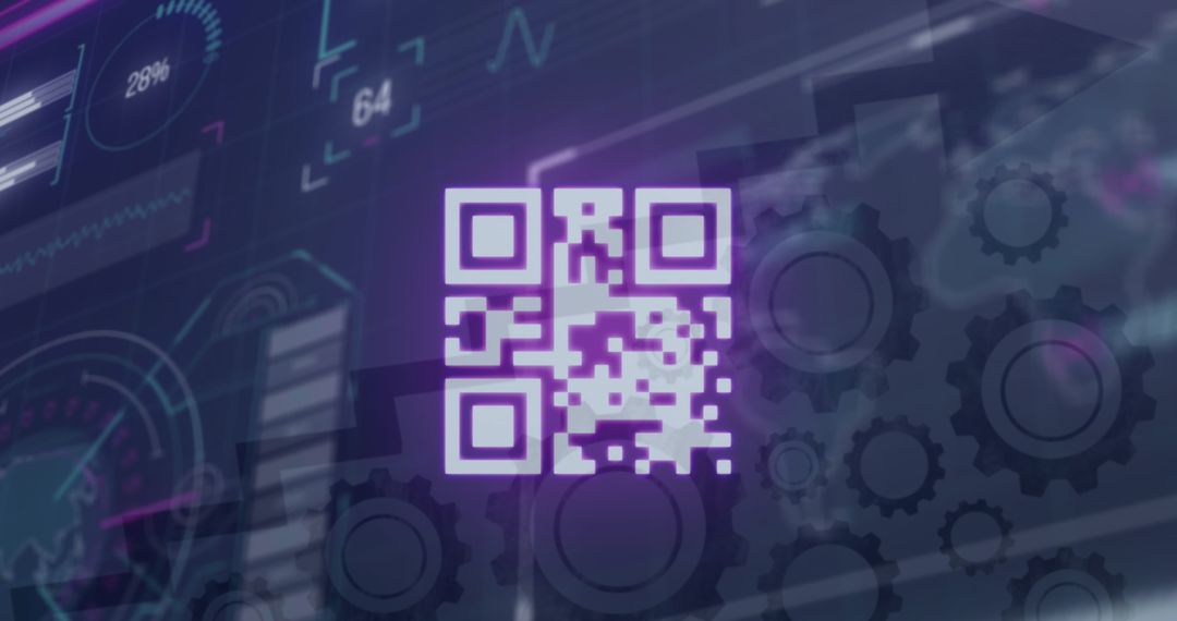 QR Code with Digital Interface and Gear Graphics