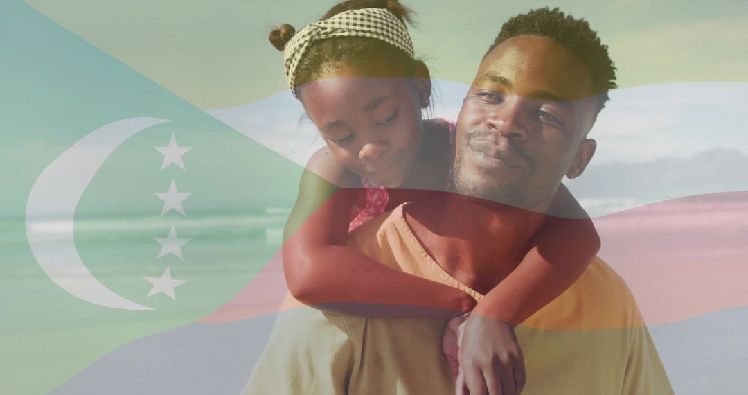 Father Carrying Daughter on Beach Vacation with Flag Overlay