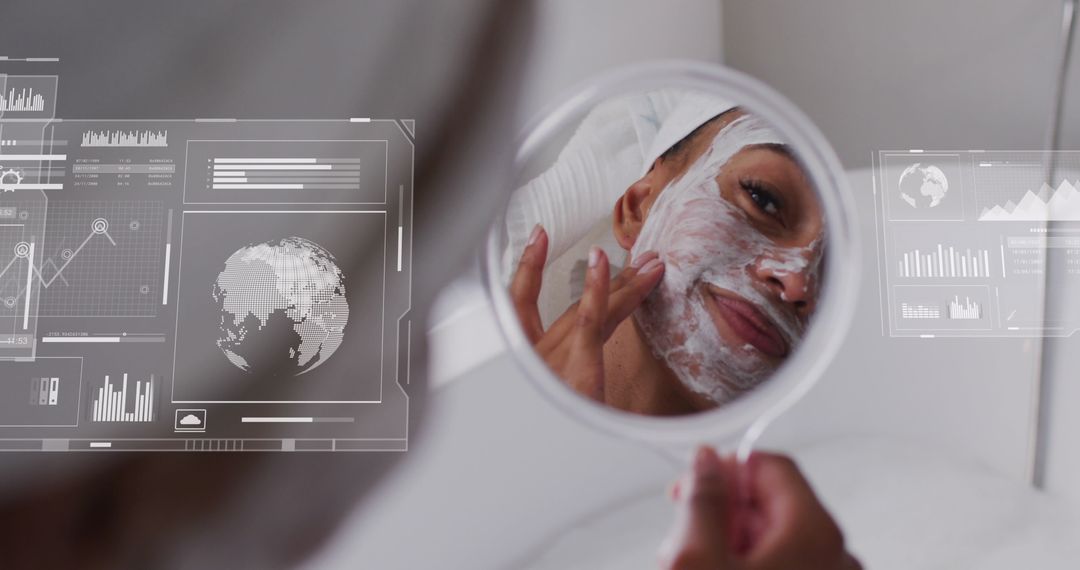 Woman Applying Facial Cream with Futuristic Graph Overlay