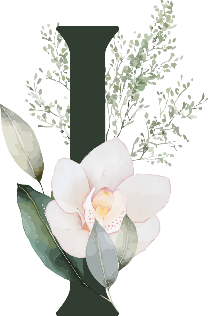 Transparent Floral Letter I with Watercolor Bloom and Eucalyptus