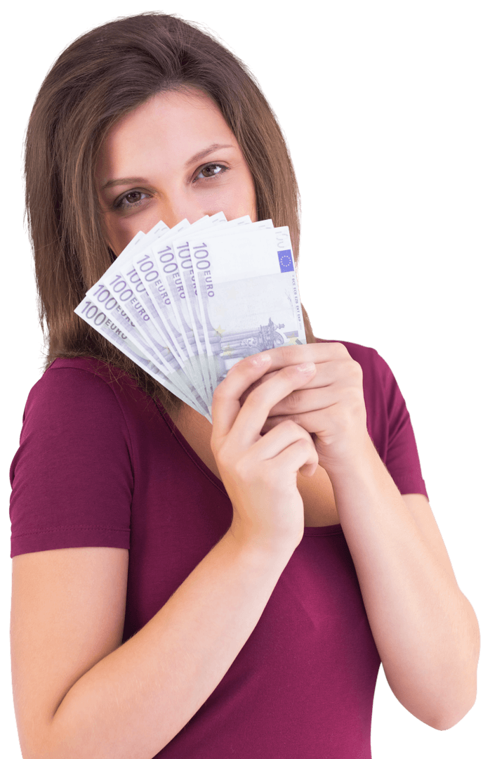 Smiling Woman Holding Euro Currency on Transparent Background for Business Use