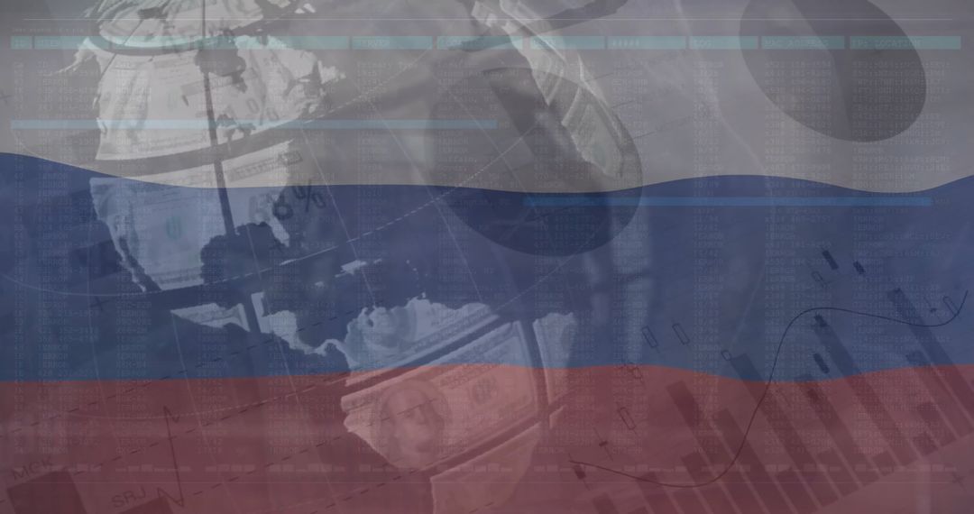Russian Flag Merged with Globe and Data Charts