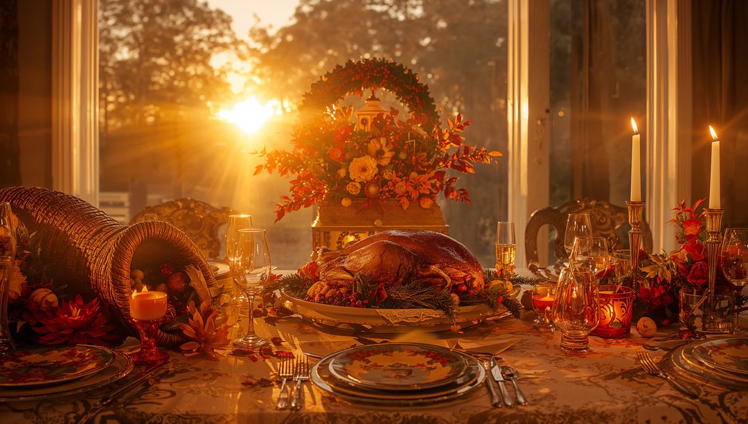 Roasted turkey centerpiece on autumn feast table at golden hour with candles and cornucopia