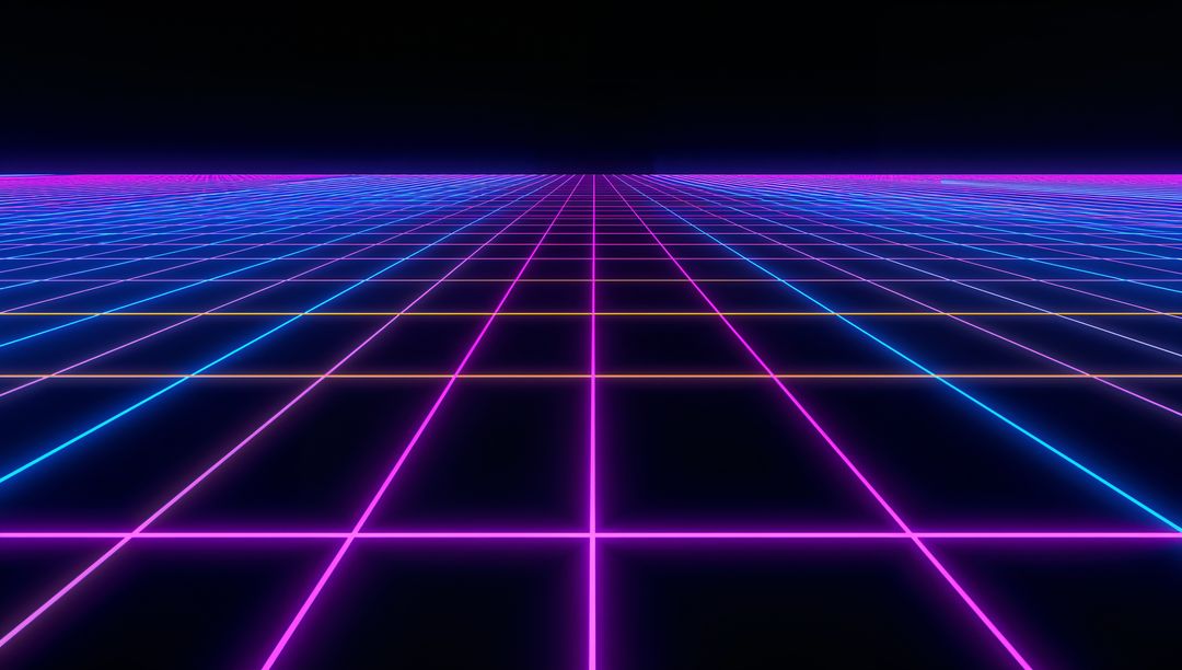 Neon Grid Horizon Receding to Vanishing Point in Retro Synthwave Cyberpunk Perspective