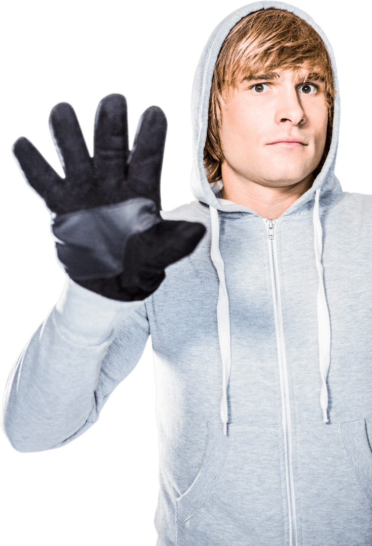 Man in Gray Hoodie with Black Gloves Transparent Background