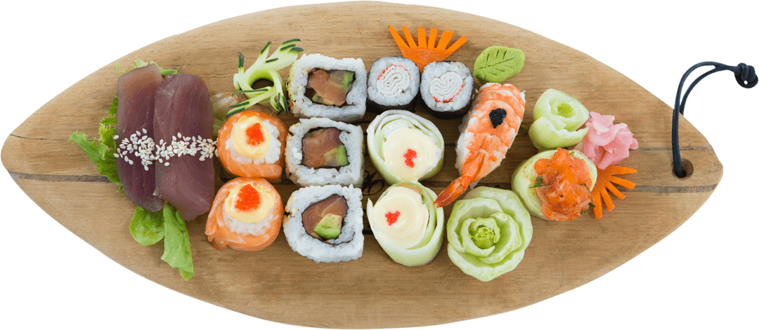 Assorted Transparent Japanese Sushi Platter on Wooden Serving Board