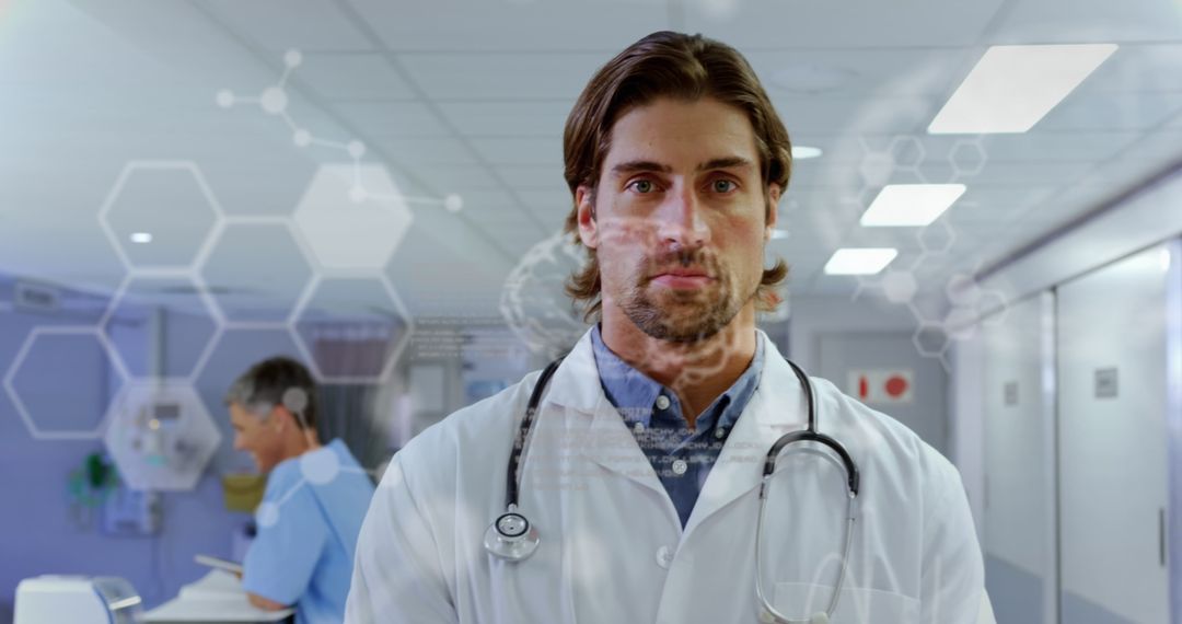 Male Doctor in Hospital Corridor with Futuristic Data Overlay