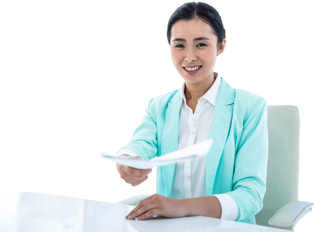 Smiling Businesswoman Holding Documents with Transparent Background