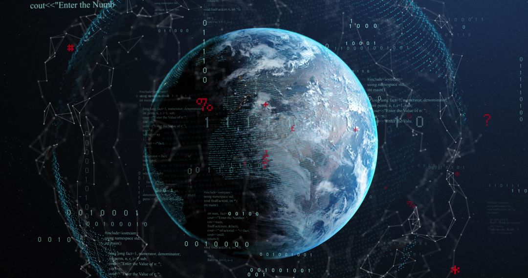 Earth Enveloped in Binary Pattern Surrounded by Holographic Data