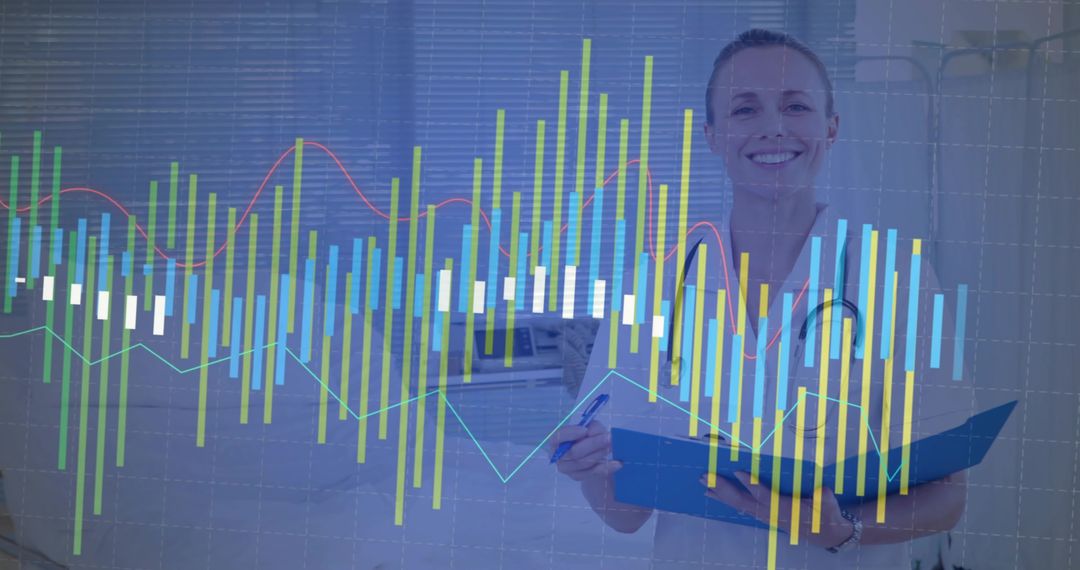 Smiling nurse reviewing patient records with medical charts overlay and data visualization