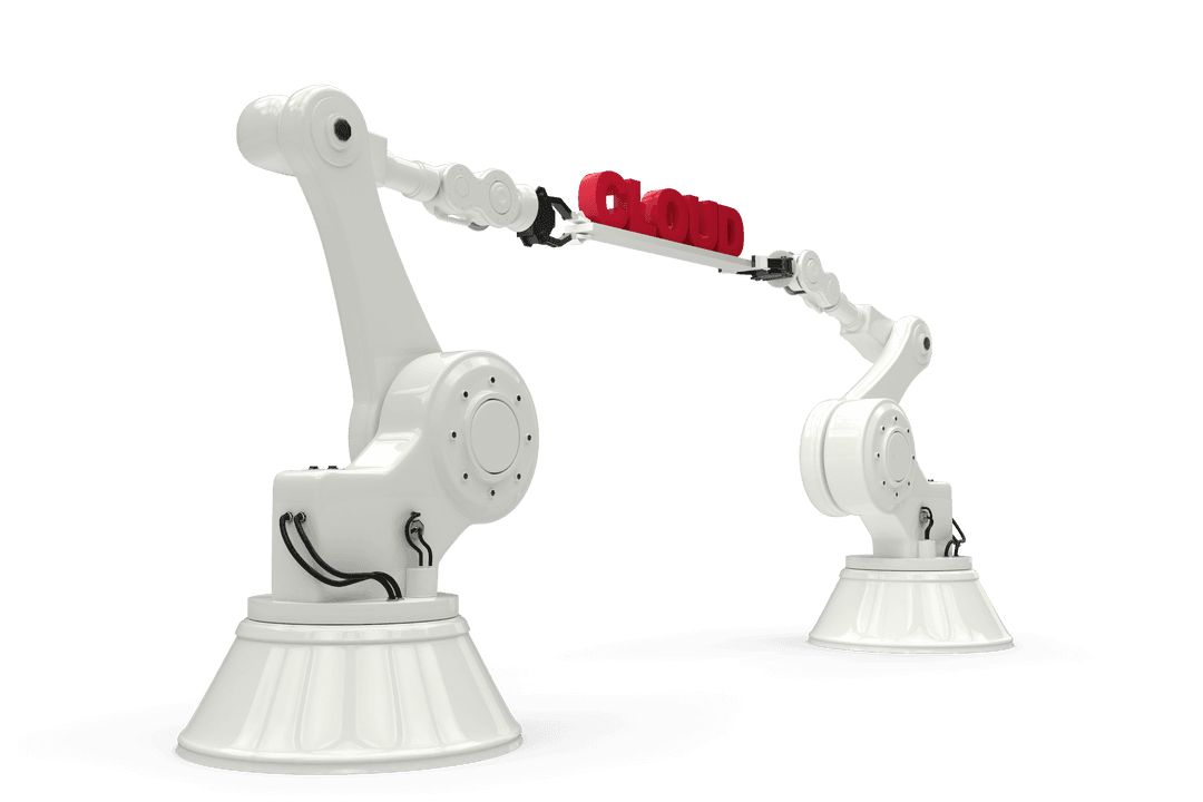 Transparent Robotic Arms Holding 3D Cloud Text Representation