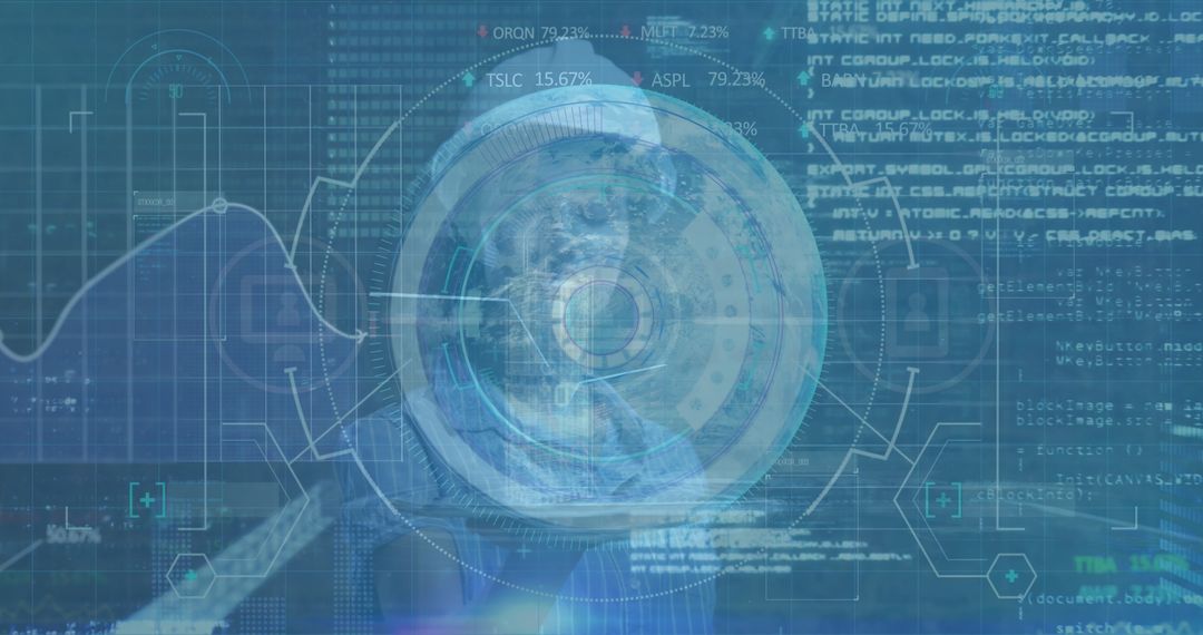 Digital Interface Overlapping Female Working on Data Processing