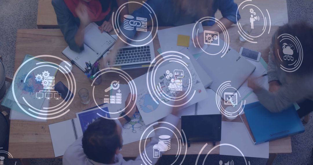 Team Collaborating with Digital Network Interface in Office