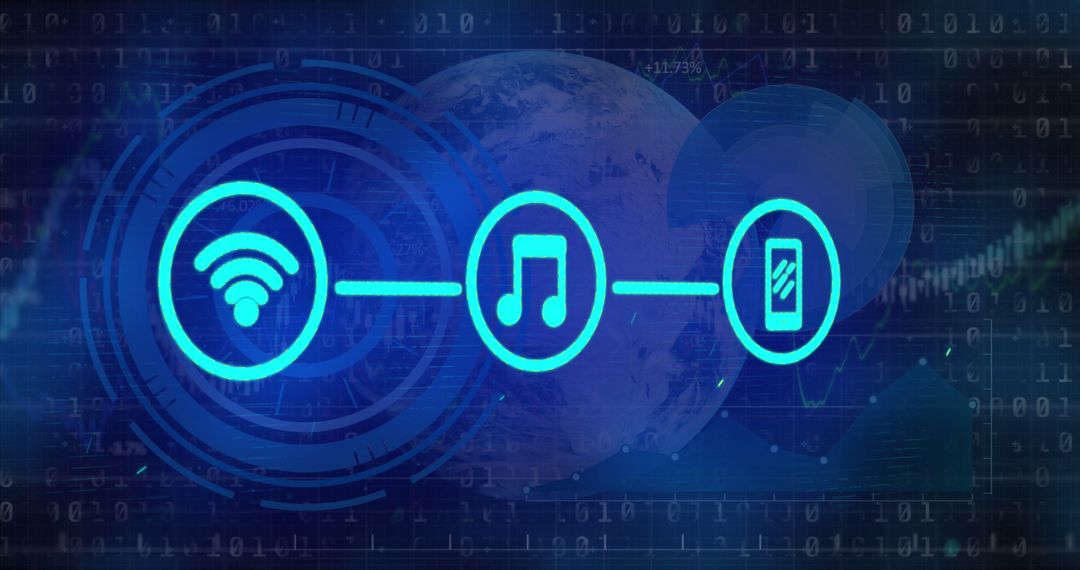 Digital Connectivity Icons with Binary Network Background