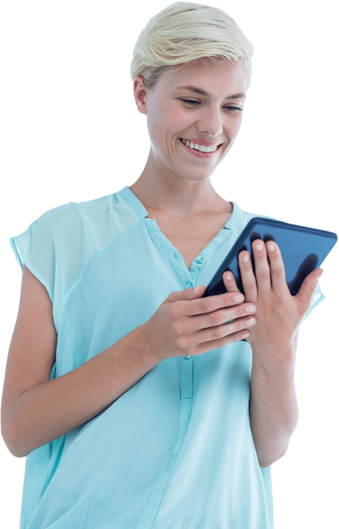 Smiling Woman with Tablet on Transparent Background Isolated