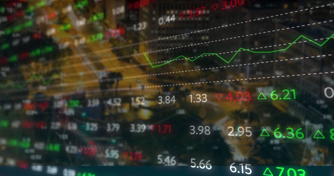 Financial Data and Graphs Overlaying Cityscape at Night
