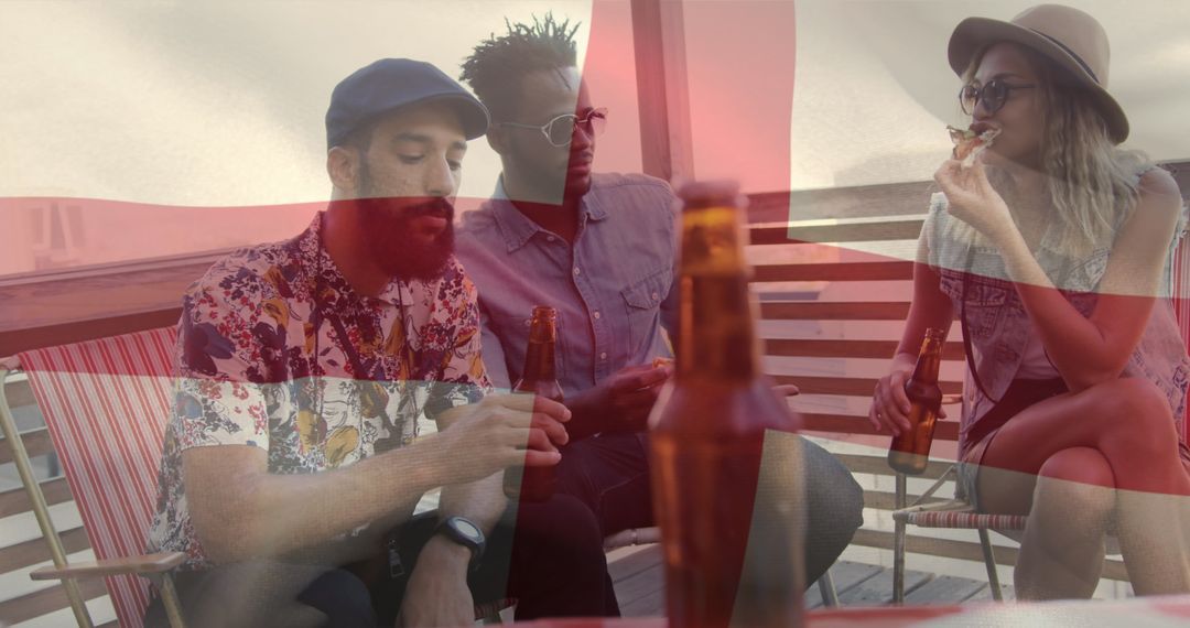 Diverse Friends Enjoying Beer with England Flag Overlay
