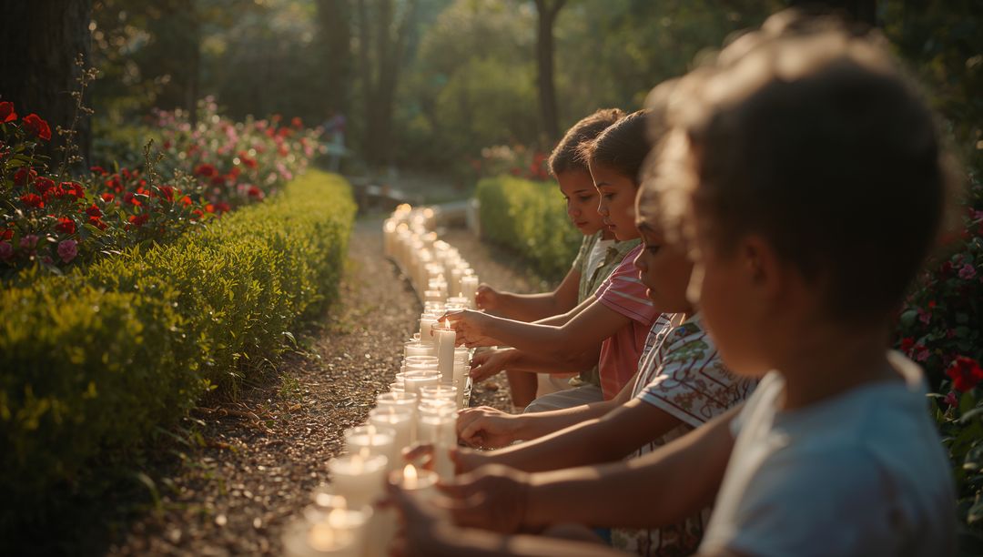 Children Illuminating Garden Pathway with Candlelight